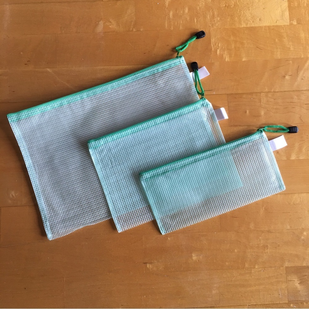 Set/3 Waterproof GREEN Document Zipper Travel Pouches, File Organizers, Clear